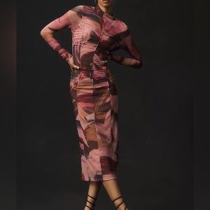 Anthropologie Long-Sleeve Midi Dress in Dusty Rose and Brown Abstract